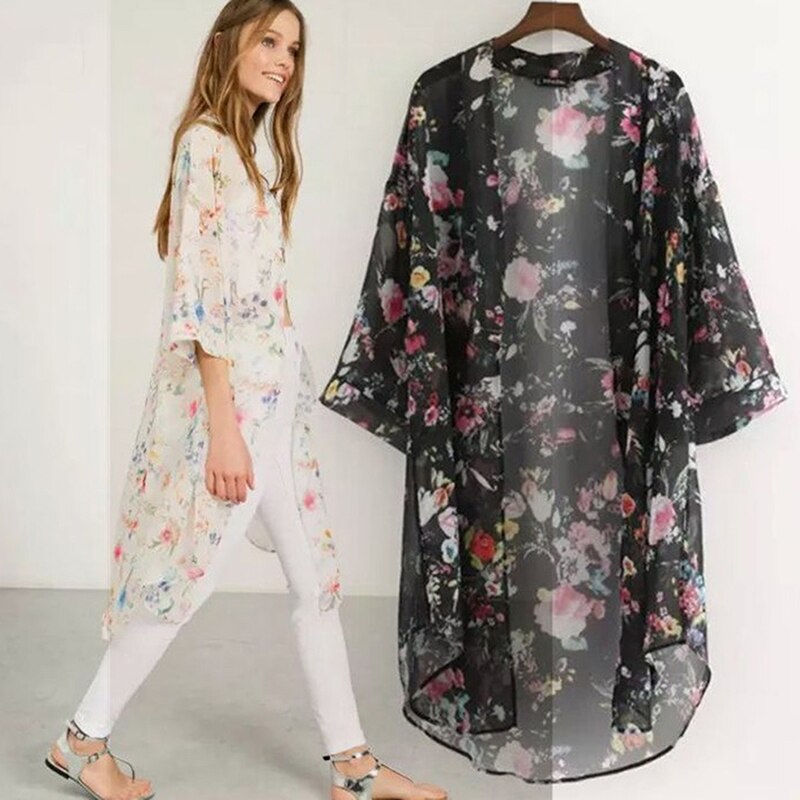 Women Vintage Floral Chiffon Shirts Small Fresh Simple Long Sunscreen Blouse Loose Shawl Kimono Cardigan Boho Tops
