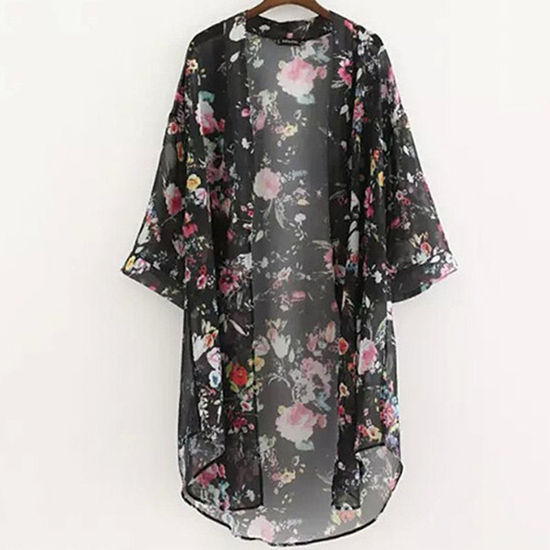 Women Vintage Floral Chiffon Shirts Small Fresh Simple Long Sunscreen Blouse Loose Shawl Kimono Cardigan Boho Tops