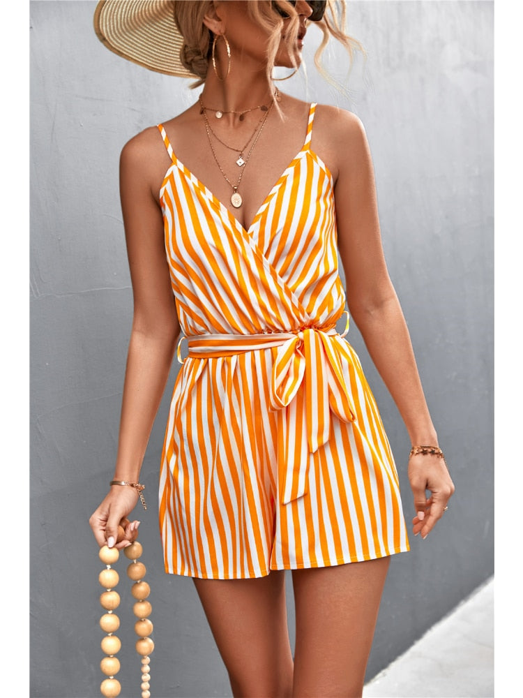 Summer New Women Clothing V-neck Striped Suspender Jumpsuit Women Sleeveless Casual Rompers Womens Off Shoulder Sexy One Piece