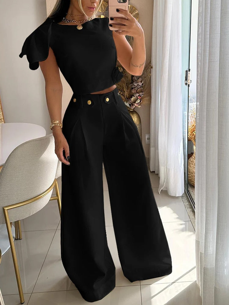 Drauuing 2 Pieces Sets Women Sleeveless Tee And Wide Leg Pant Outfits Casual Summer 2 Pieces Pant Sets Casual Suits  Women