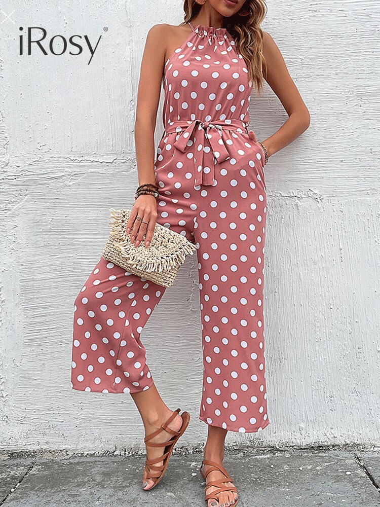 Elegant Sleeveless Jumpsuit Women 2022 Sexy Dots Wide Leg Jumpsuits with Pockets Belt Classy Summer Birthday Outfits for Ladies