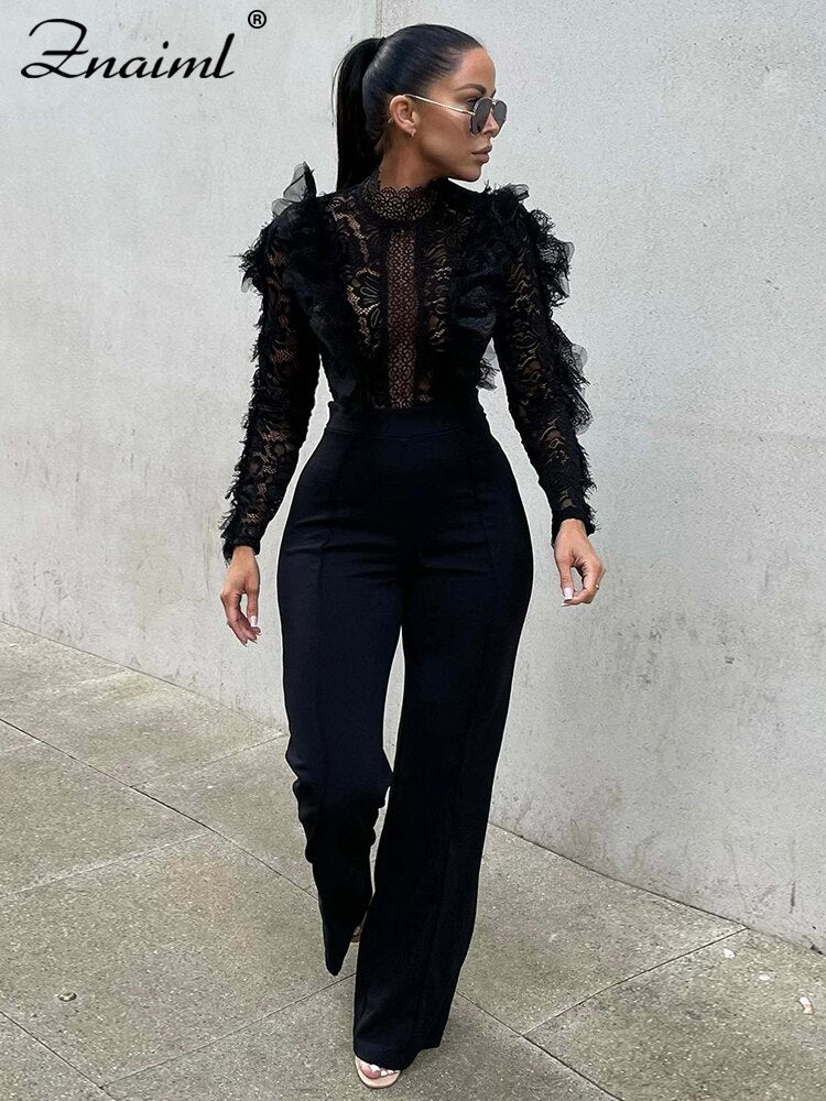 Znaiml Fall Winter INS Full Sleeve Party Club Rompers One Pieces Overalls Women Elegant Lace Patchwork Wedding Evening Jumpsuit