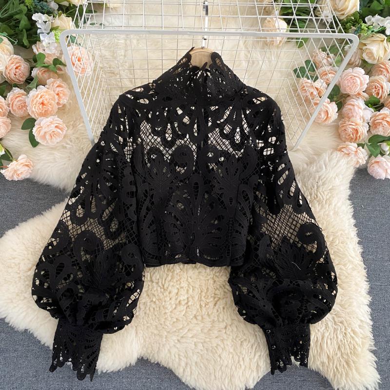 Sexy Lace Hollow Out Short Blouse Casual Lantern Long Sleeve Stand Collar Shirts Female Elegant Red/Pink/White Loose Tops 2020
