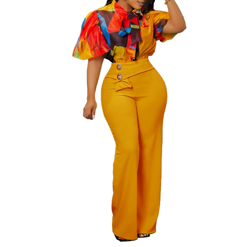 Summer Fashion OL Two Piece Set  African Women Printed Short-Sleeved Shirt High-Waisted Flared Pants TwoPiece Suit Women