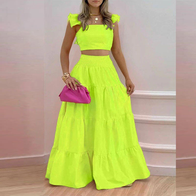 Sexy Solid Color Summer Women's Big Swing Two Piece Set Fashion Y2k Clothes Party Outfits For FemeninoTops & Skirts Sets Elegant