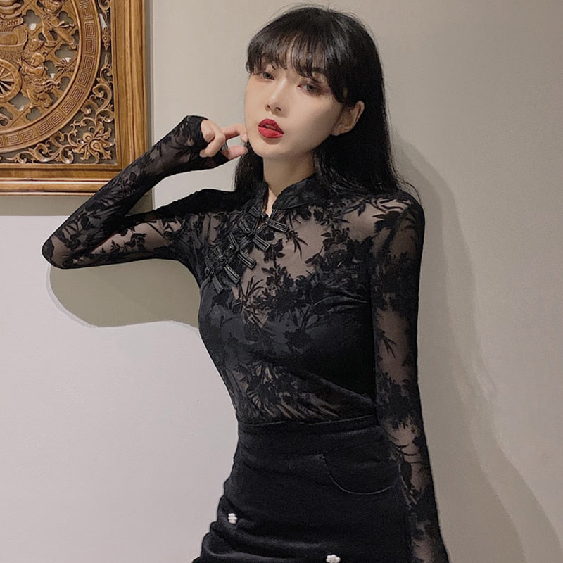 Shirts and Blouses Fashion Lace Woman 2023 Long Sleeve Slim Chinese Turtleneck Black Sexy Top for Women See Through Y2k 11350