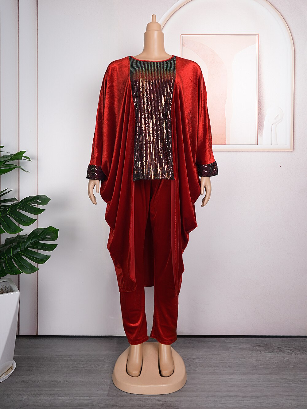 Plus Size African Clothes for Women Ankara Dashiki 2 PCS Set Sequin Outfits 2023 Autumn Fashion Velvet Tops Pants Trousers Suits