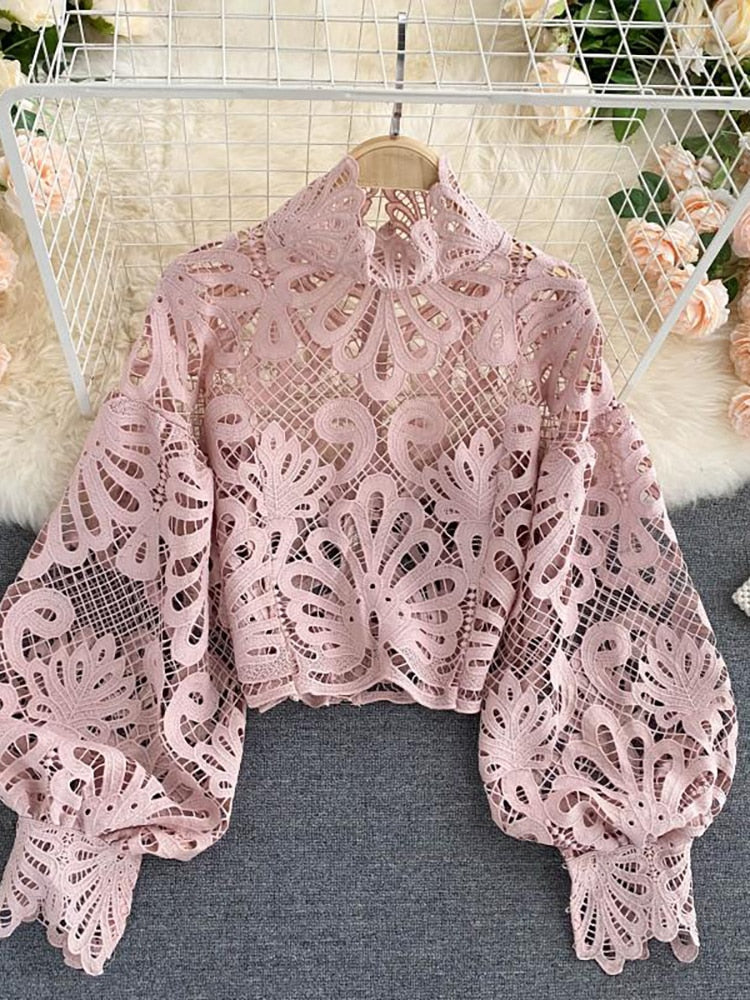 Sexy Lace Hollow Out Short Blouse Casual Lantern Long Sleeve Stand Collar Shirts Female Elegant Red/Pink/White Loose Tops 2020