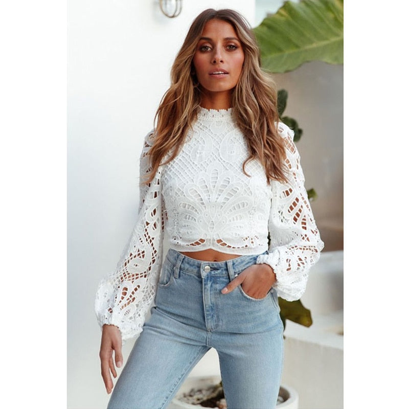 Sexy Long Sleeve Lace Blouse Women Tops Casual White Crochet Hollow Out Cropped Women's Shirt Turtleneck Female Blusas 16296
