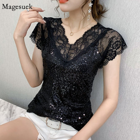 2023 Summer Sexy Lace Women Blouse New V Neck Glitter Sequin Gauze Patchwork Tops Elegant Short Sleeve Slim Black T-shirt 14652