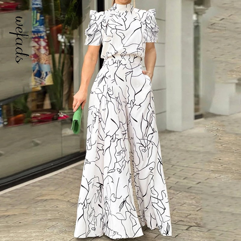 Wefads Women Jumpsuit Loose Fashion Elegant Long Pants Short Sleeve Halterneck Art Print Sets High Streetwear