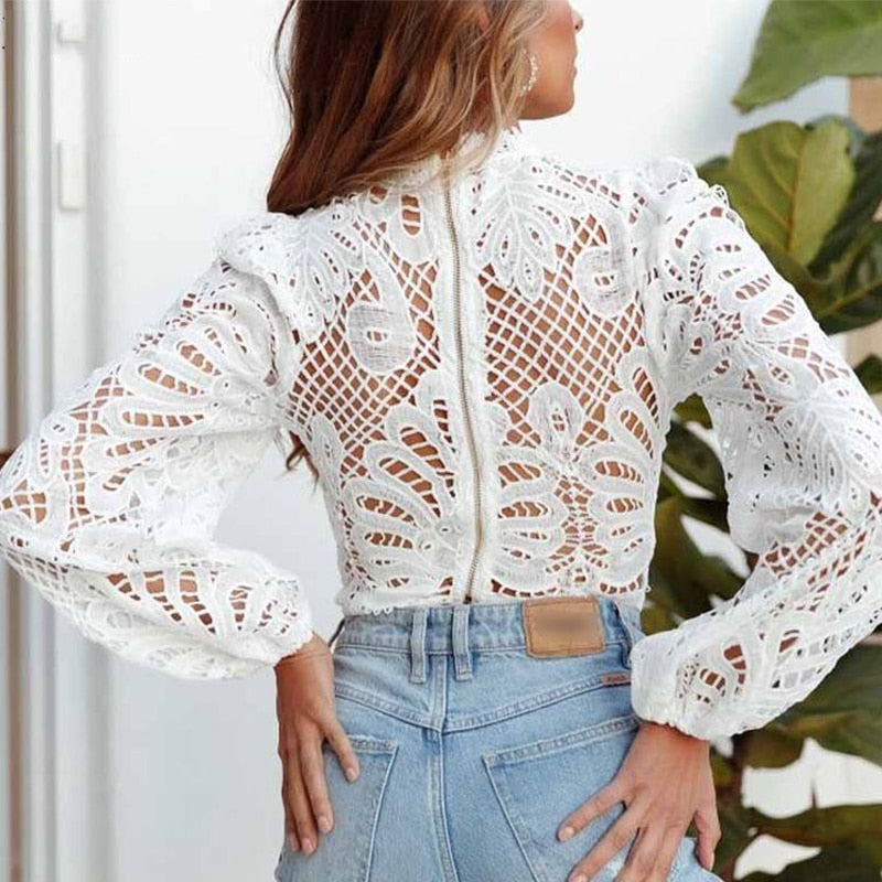 Sexy Long Sleeve Lace Blouse Women Tops Casual White Crochet Hollow Out Cropped Women's Shirt Turtleneck Female Blusas 16296