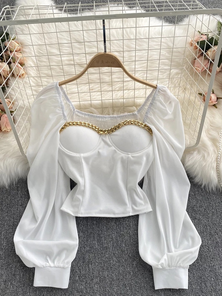 Autumn Women Black/White Blouse Sexy Square Collar Lantern Long Sleeve Short Tops Female Elegant Party Shirt Blusas 2022 New