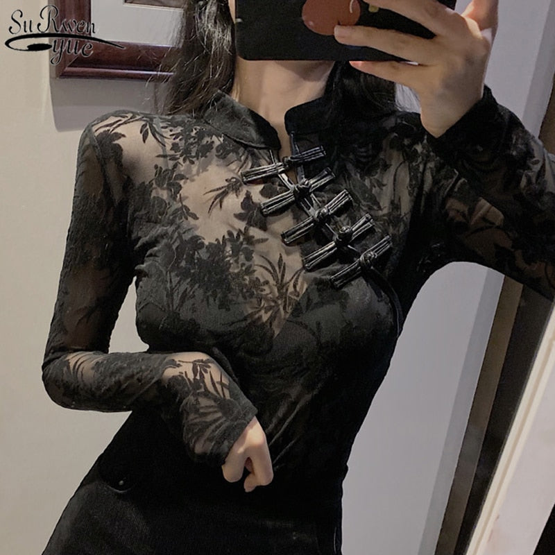 Shirts and Blouses Fashion Lace Woman 2023 Long Sleeve Slim Chinese Turtleneck Black Sexy Top for Women See Through Y2k 11350