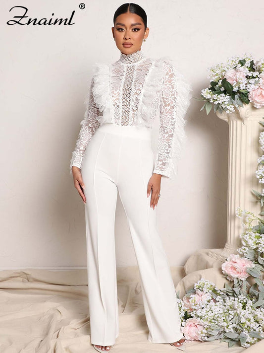Znaiml Fall Winter INS Full Sleeve Party Club Rompers One Pieces Overalls Women Elegant Lace Patchwork Wedding Evening Jumpsuit