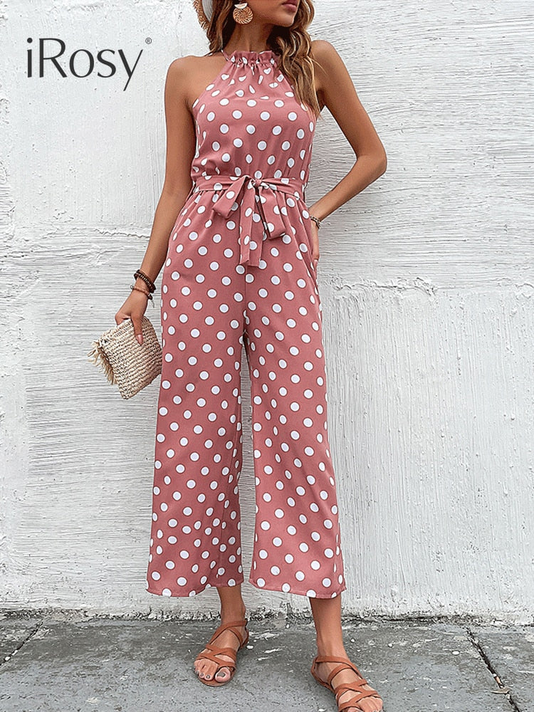 Elegant Sleeveless Jumpsuit Women 2022 Sexy Dots Wide Leg Jumpsuits with Pockets Belt Classy Summer Birthday Outfits for Ladies